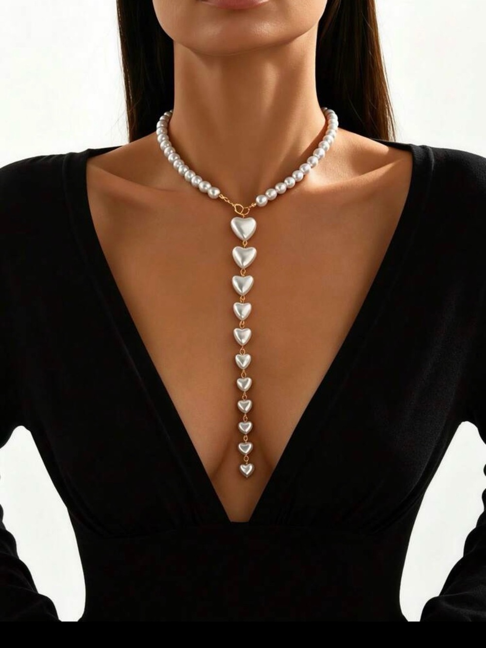 Pearl Heart Drop Y Necklace - White Pearls with Gold Accents